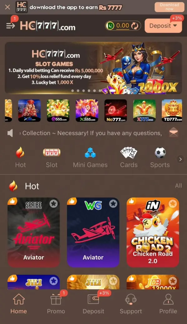 HC777 app home screen with slot games, Aviator and game categories