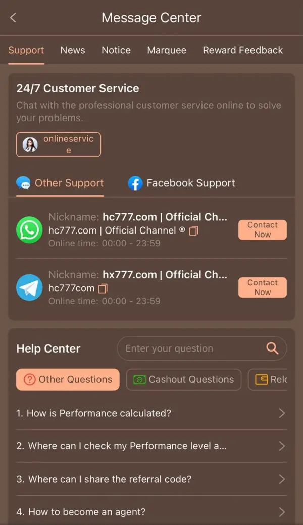 HC777 24/7 customer support via WhatsApp, Telegram and Facebook