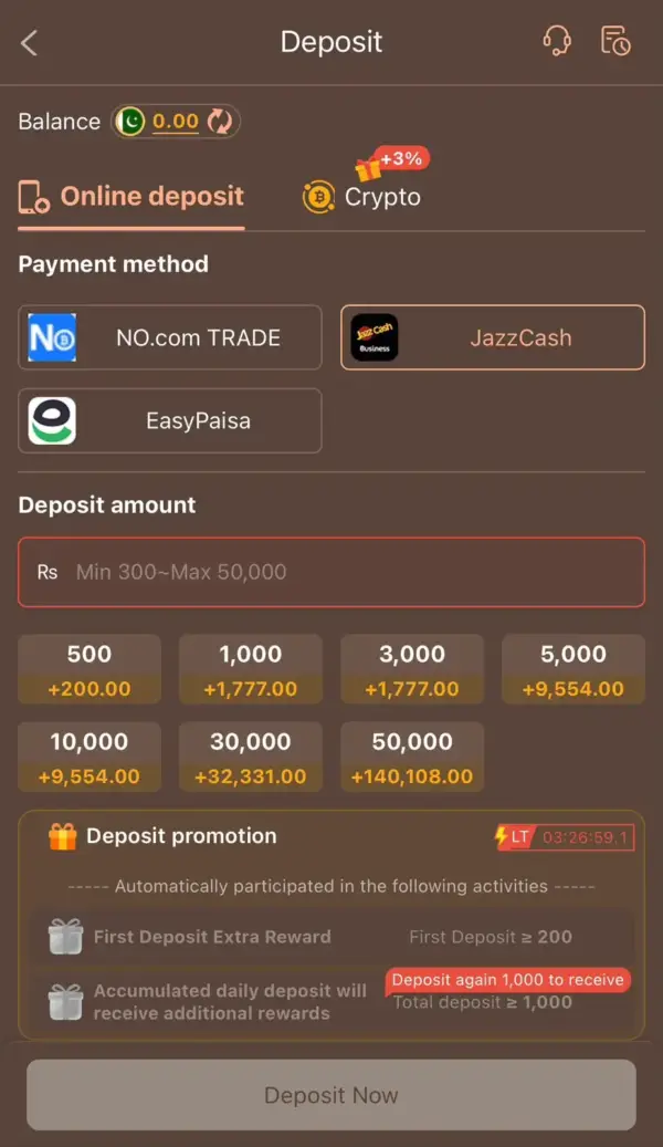 HC777 deposit page with JazzCash, Easypaisa and crypto, minimum Rs 300