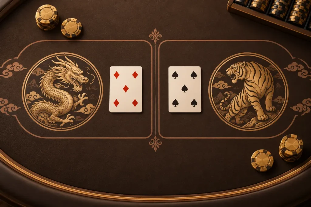 HC777 Dragon vs Tiger: Rules, Odds and Realistic Strategy 1 HC777 Dragon vs Tiger table with dragon and tiger betting areas and two face-up cards