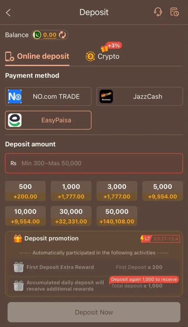 HC777 Easypaisa deposit screen with Rs 300 minimum and deposit bonus