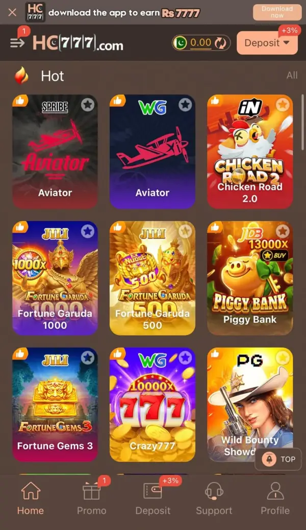 HC777 hot games: Aviator, Chicken Road 2, Fortune Garuda and Crazy777