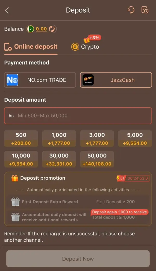 HC777 JazzCash deposit screen with deposit bonus amounts