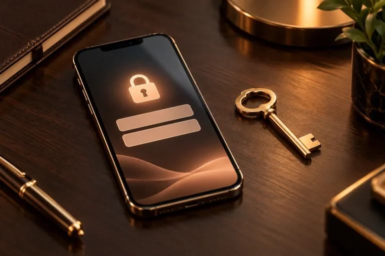 HC777 Login and Register Guide 10 HC777 login guide: smartphone login screen with a padlock and a golden key