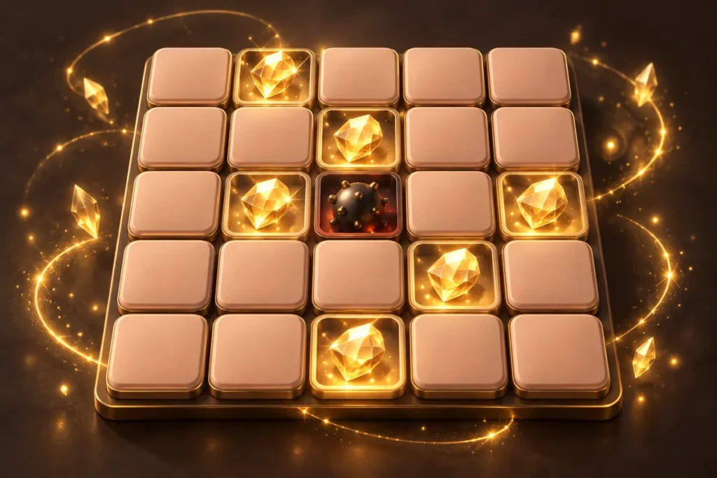HC777 Mines grid with revealed gems and one mine