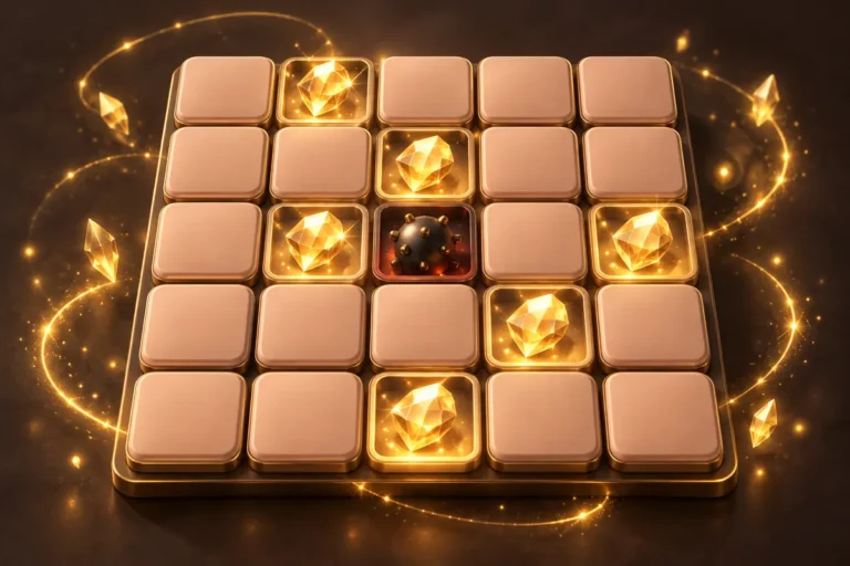 HC777 Mines: How It Works and When to Cash Out 1 HC777 Mines grid with revealed gems and one mine