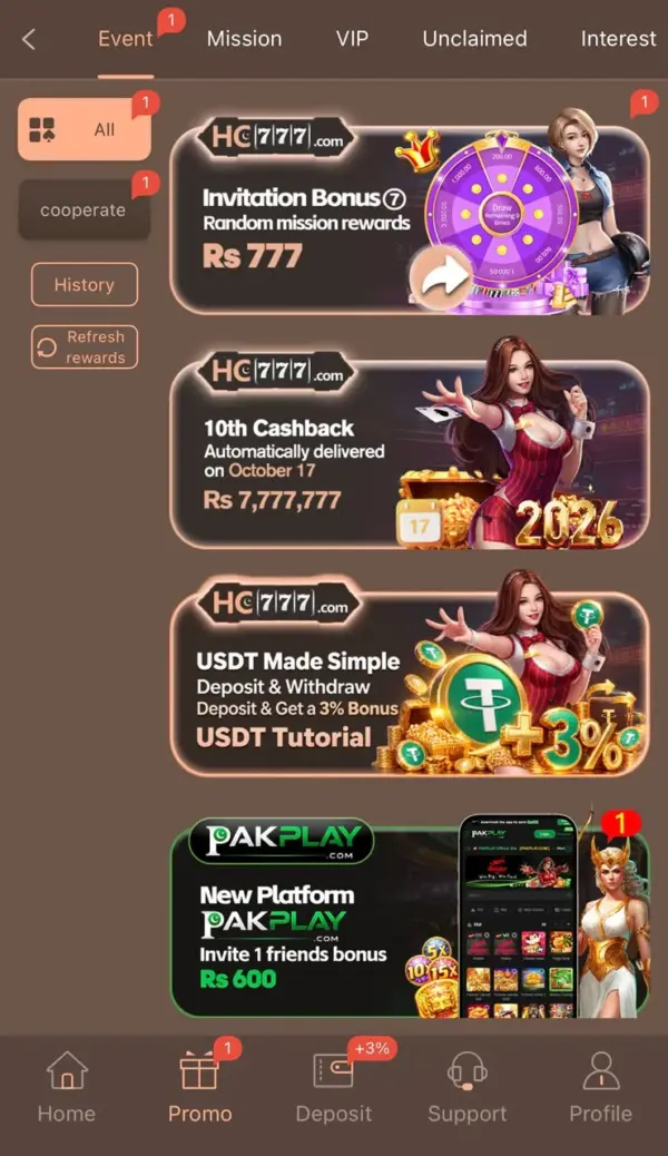 HC777 promotions page with invitation bonus, cashback and 3% USDT bonus