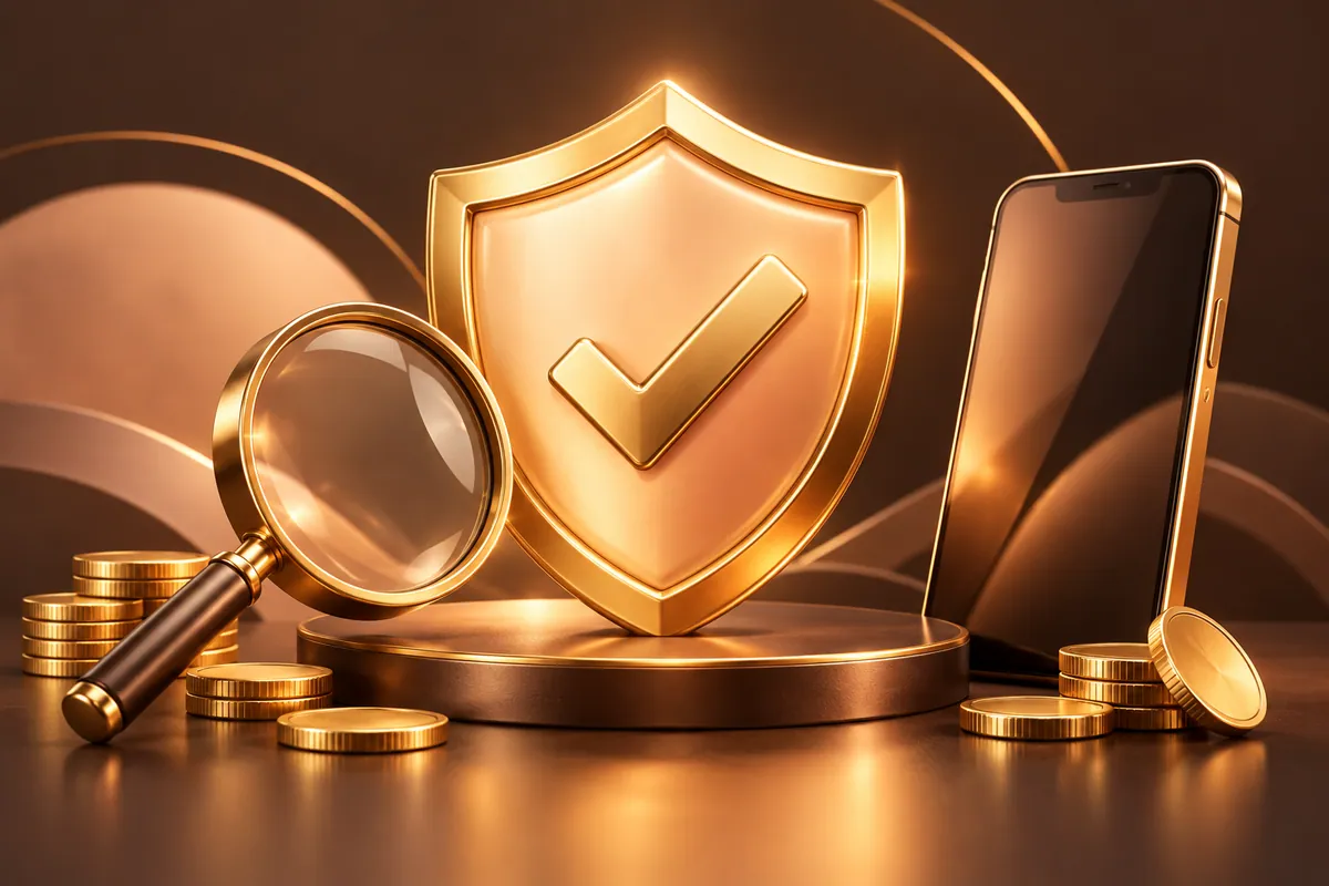 HC777 real or fake review: golden check-mark shield with a magnifying glass
