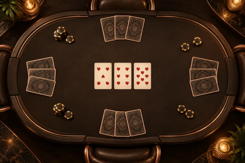 HC777 Teen Patti table with three cards per player and gold chips
