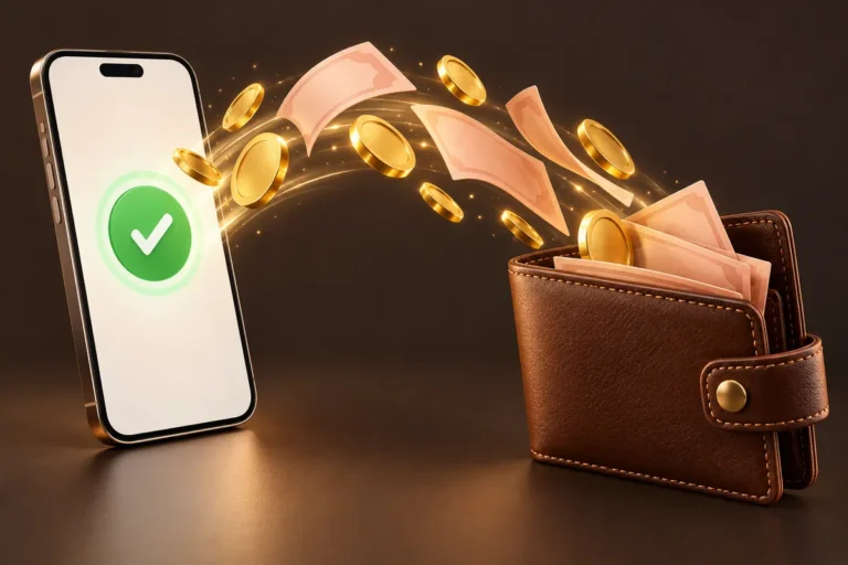 HC777 Withdrawal Guide: How to Take Out Your Money in Pakistan 8 HC777 withdrawal guide: money moving from a phone into a wallet