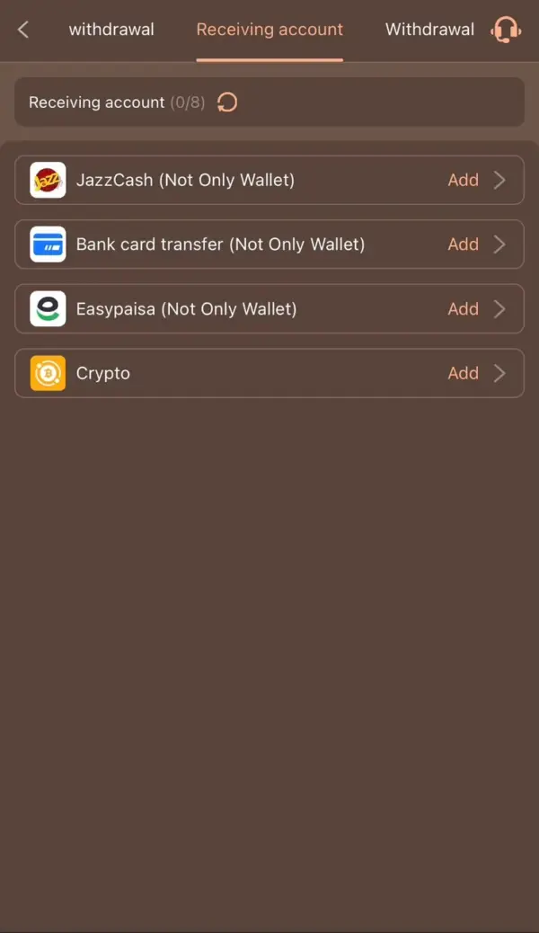 HC777 withdrawal receiving account options: JazzCash, Easypaisa, bank card and crypto
